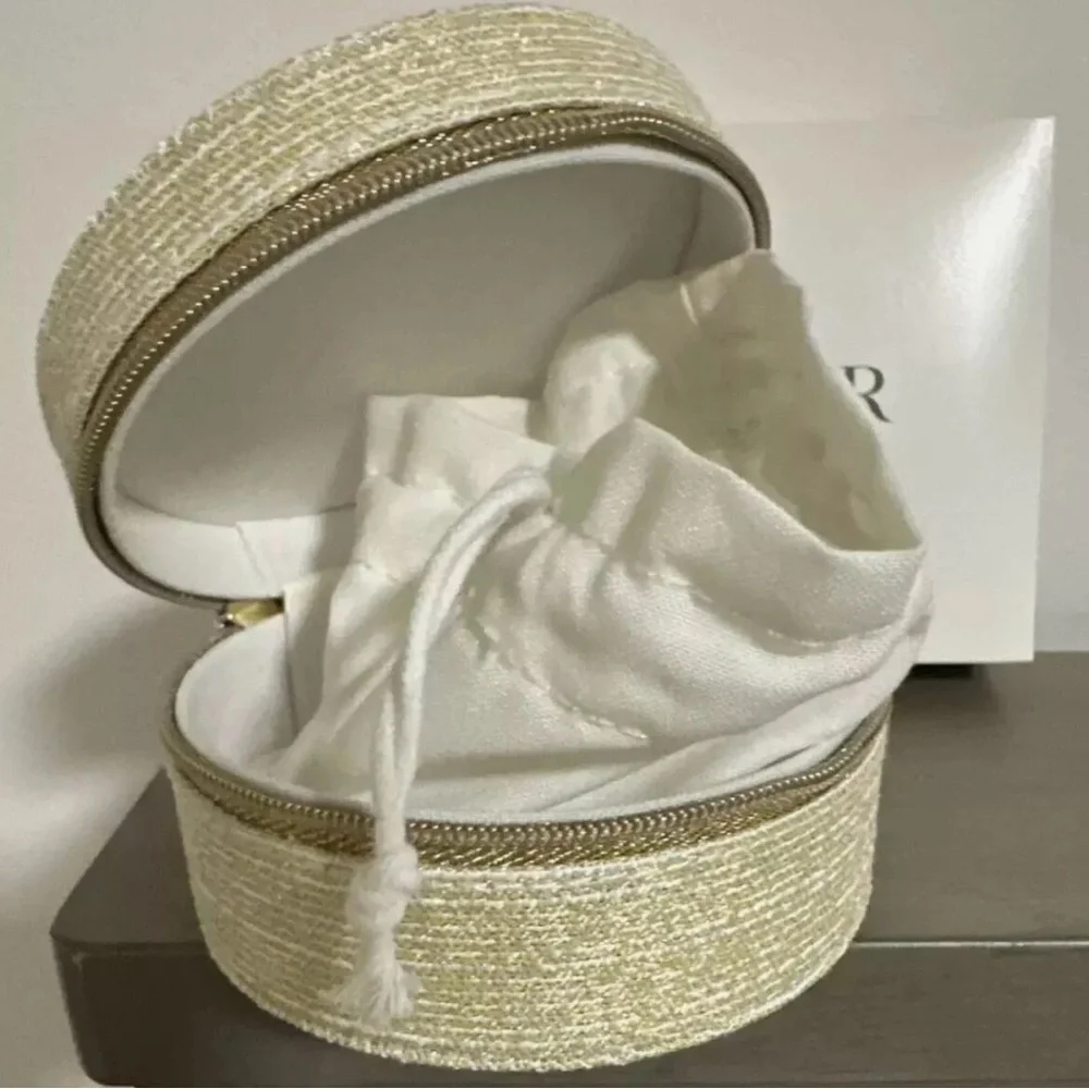 CHRISTIAN DIOR Gold Trousse Pouch Cosmetic Bag Jewelry Round Box New